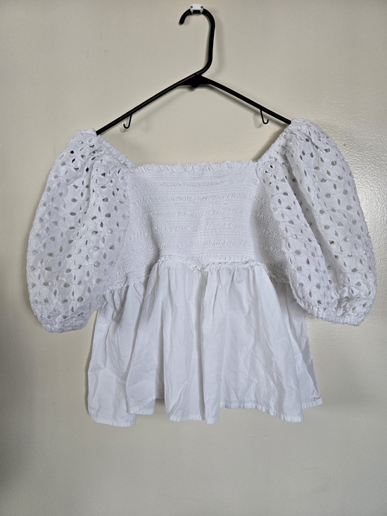 American Eagle Outfitters Tops - American Eagle Outfitters White Eyelet Puff-Sleeve Smocked Peplum Top Size L